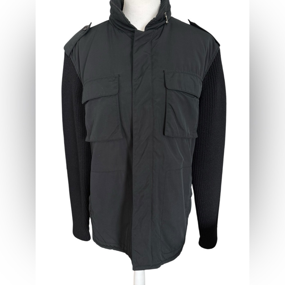 Theory men’s black wool sleeve Pash jacket with zip away hood size Large
